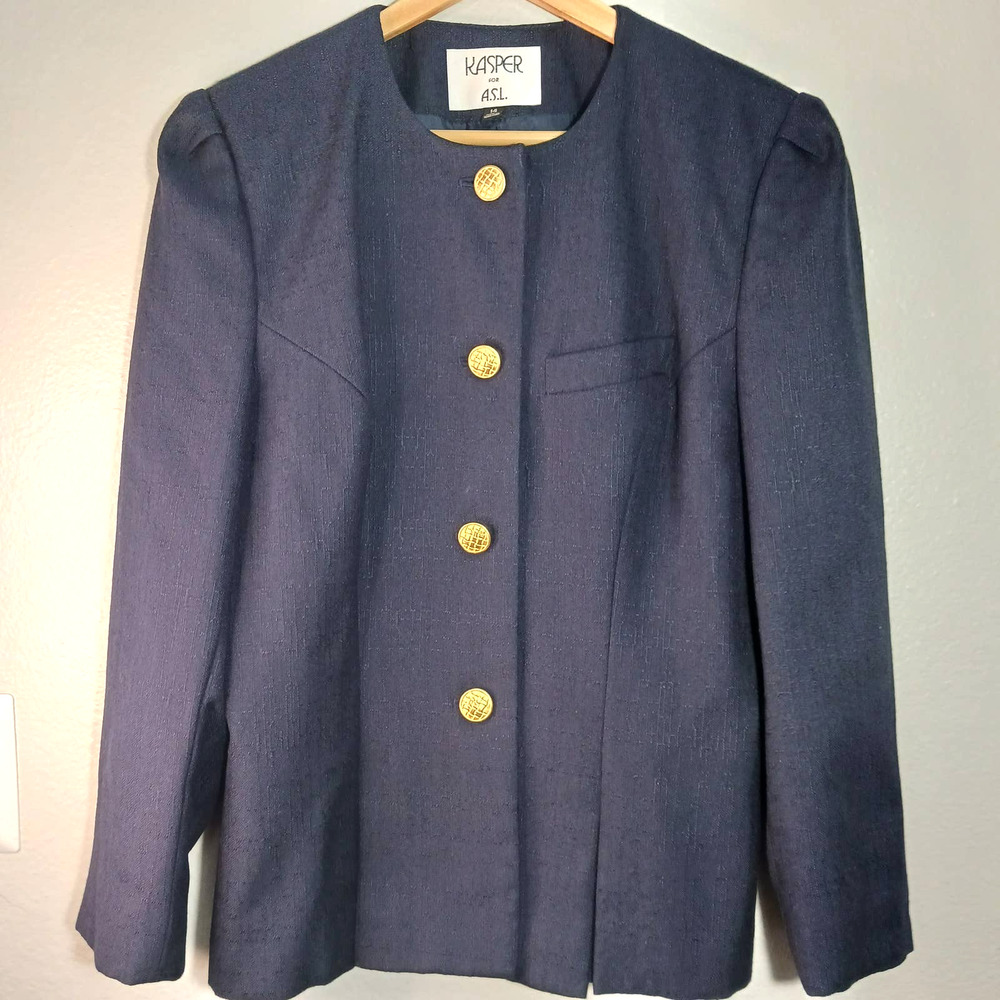 KASPER FOR A.S.L. Women's Button Front Long Sleeve Navy Blue Gold Size 14 Blazer